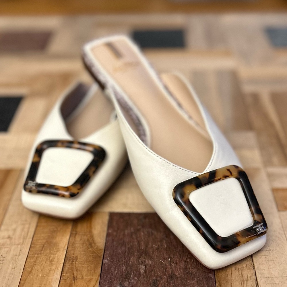 Sam Edelman Cream Leather Mules with Tortoiseshell Buckle